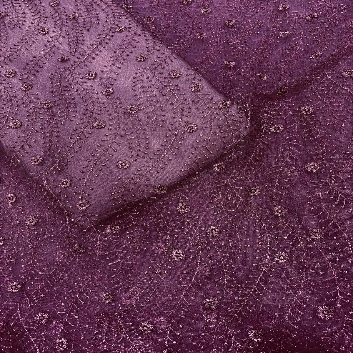 FENF Wine Purple Floral Embroidery Net Fabric - Wine Purple - Image 1