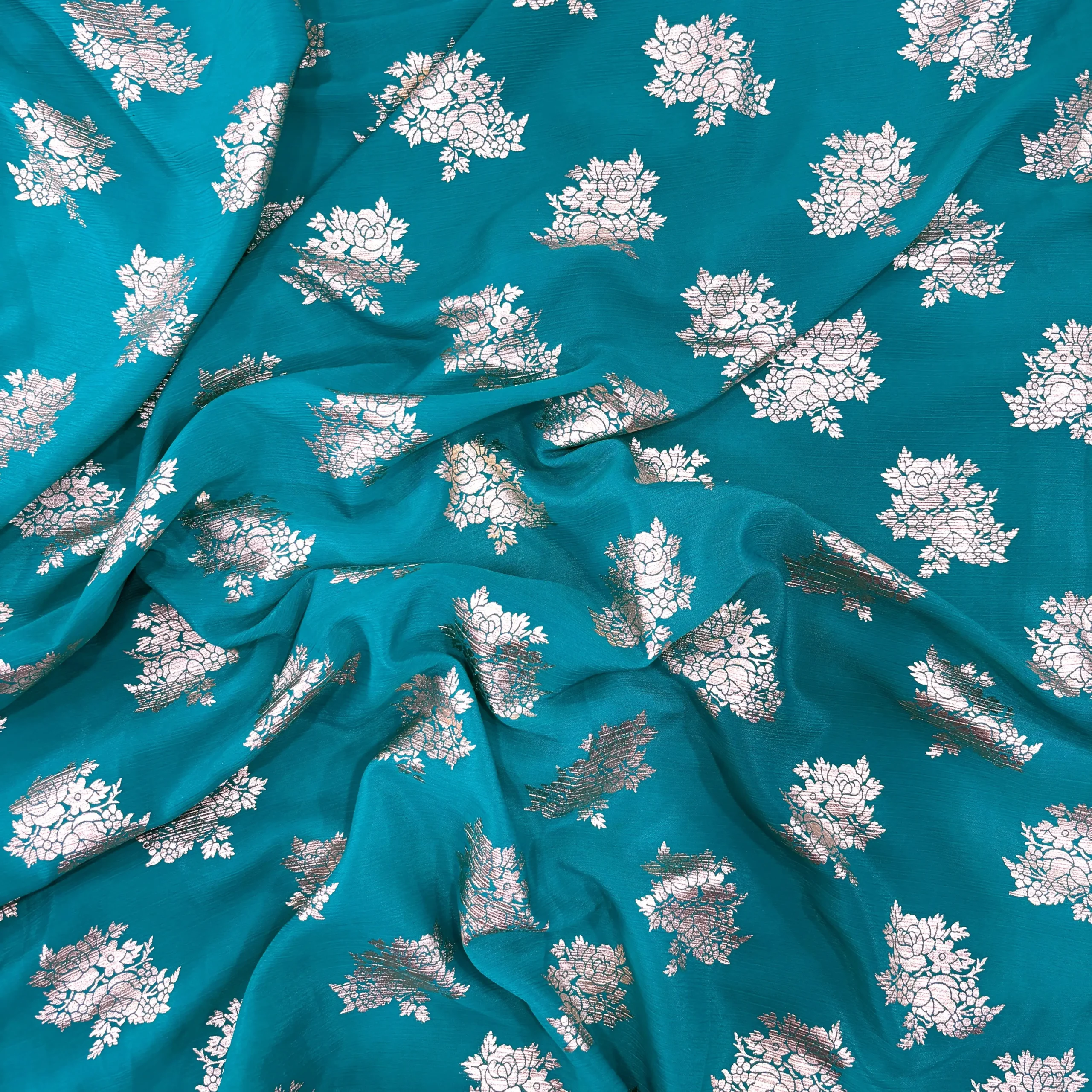 Floral Print Georgette Fabric - Turquoise Blue 1 Floral Print Georgette fabric - Turquoise Blue - Image 1
