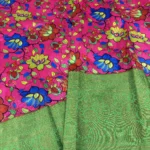 Kalamkari Silk With Banarasi Border Fabric - Hot Pink
