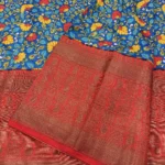 Kalamkari Silk With Banarasi Border Fabric - Royal blue