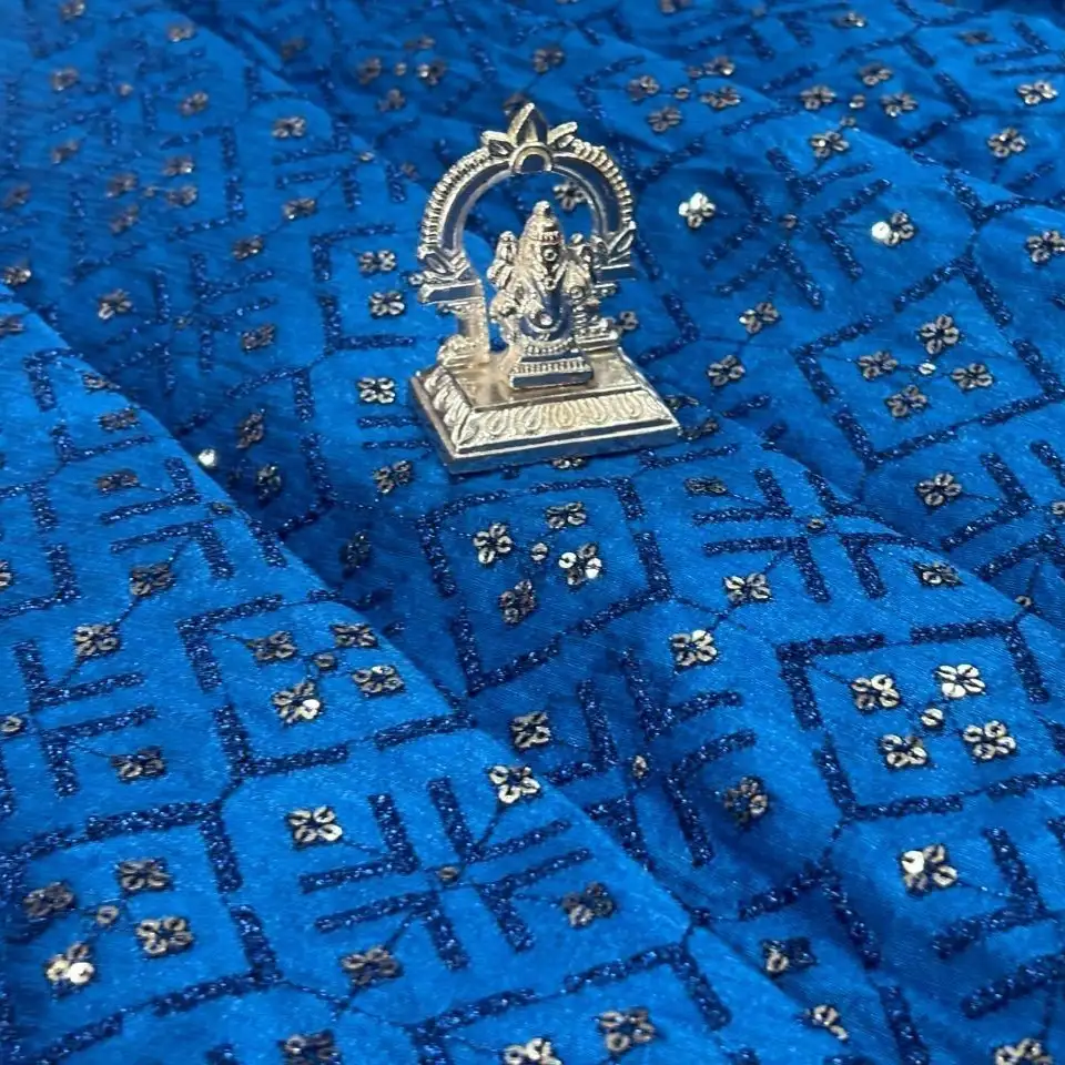 Zari Work Raw Silk Fabric - Blue 1 Zari Work Raw Silk Fabric - Blue - Image 1