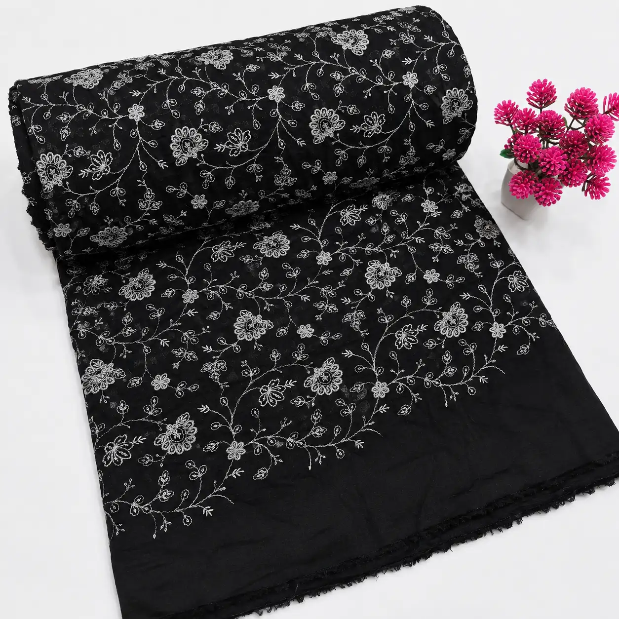 Chanderi Silk With Silver Zari Work - Black 1 Chanderi Silk With Silver Zari Work Fabric – Black - Image 1