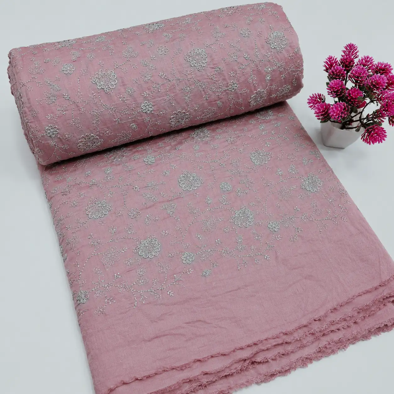 Chanderi Silk With Silver Zari Work - Candy Pink 1 Chanderi Silk With Silver Zari Work Fabric – Candy Pink - Image 1