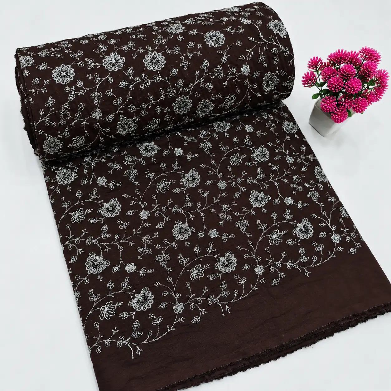 Chanderi Silk With Silver Zari Work - Dark Chocolate Brown 1 Chanderi Silk With Silver Zari Work Fabric – Dark Chocolate Brown - Image 1