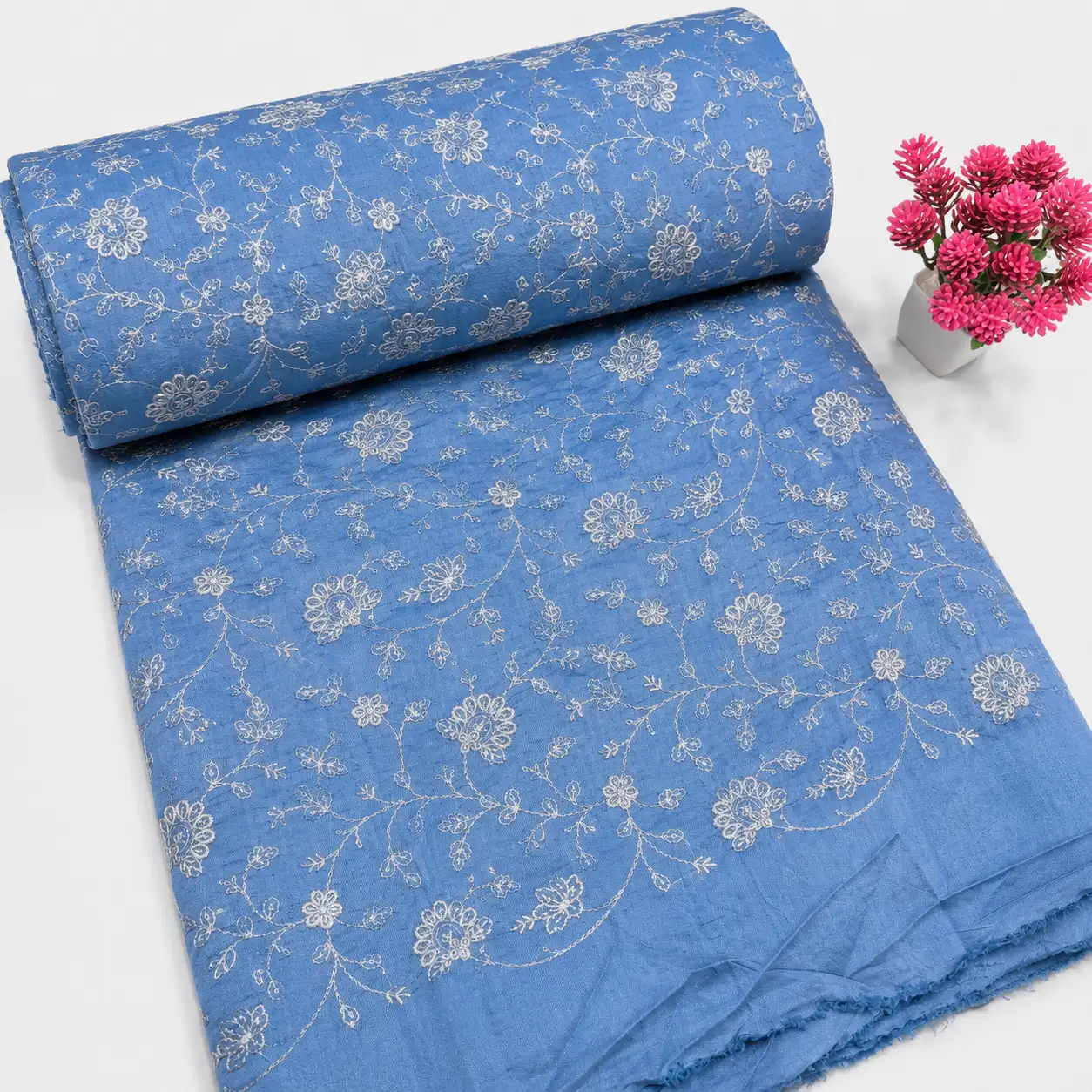 Chanderi Silk With Silver Zari Work - Glaucous 1 Chanderi Silk With Silver Zari Work Fabric – Glaucous Blue - Image 1