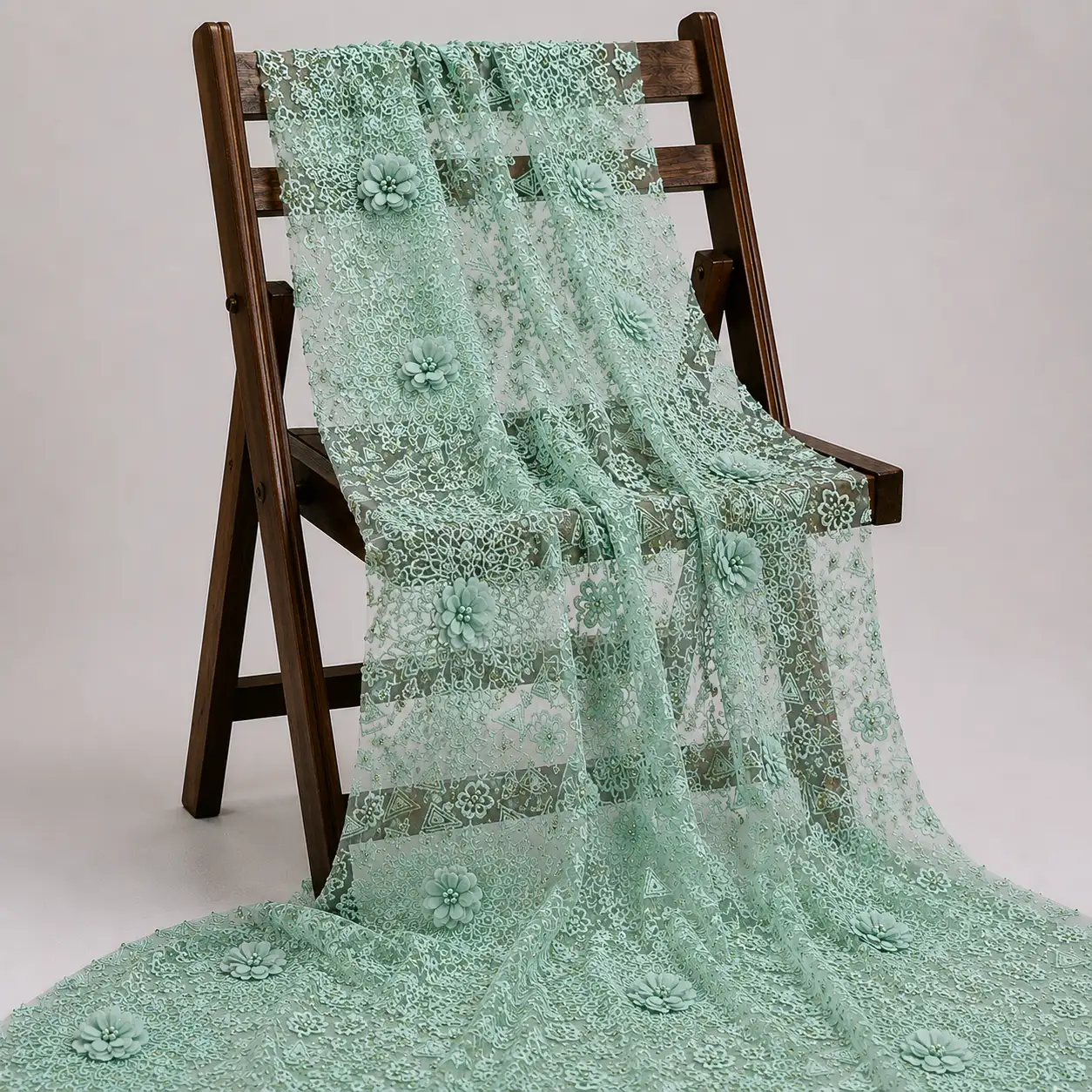 Floral Embroidery Net Fabric - Fresh Sage Green 1 Floral Embroidery Net Fabric - Fresh Sage Green - Image 1