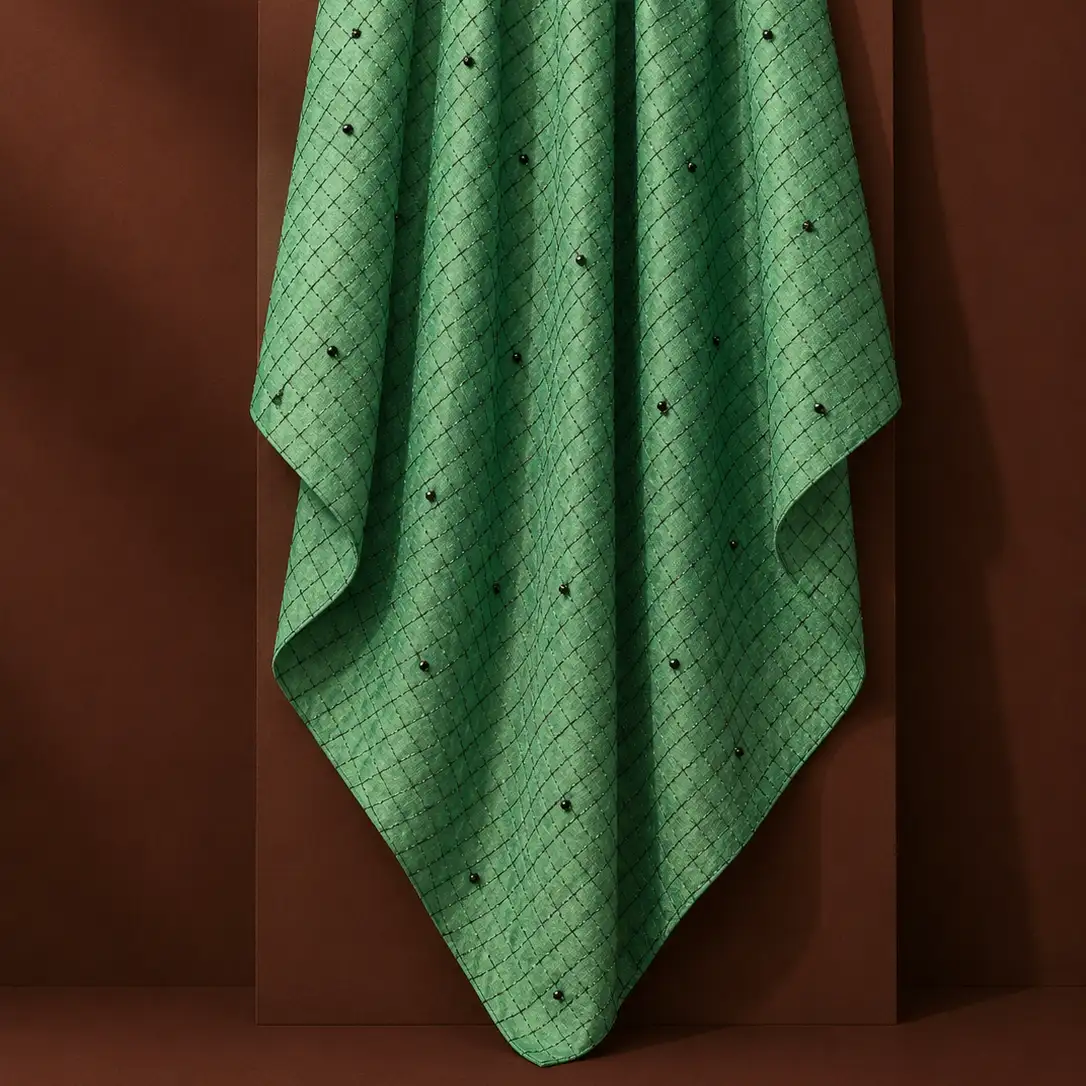 Sequins Embroidery Raw Silk - Cool Green 1 Dupion Fabric - Cool Green - Image 1