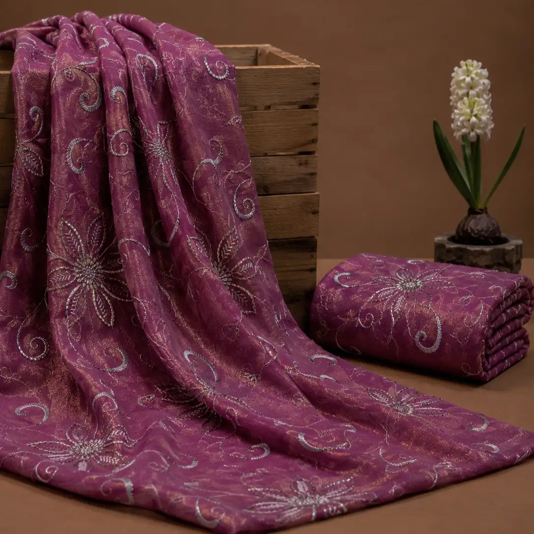 Zari Embroidery Shimmer Fabric - Reddish Purple 1 Zari Embroidery Shimmer Fabric -Reddish Purple - Image 1
