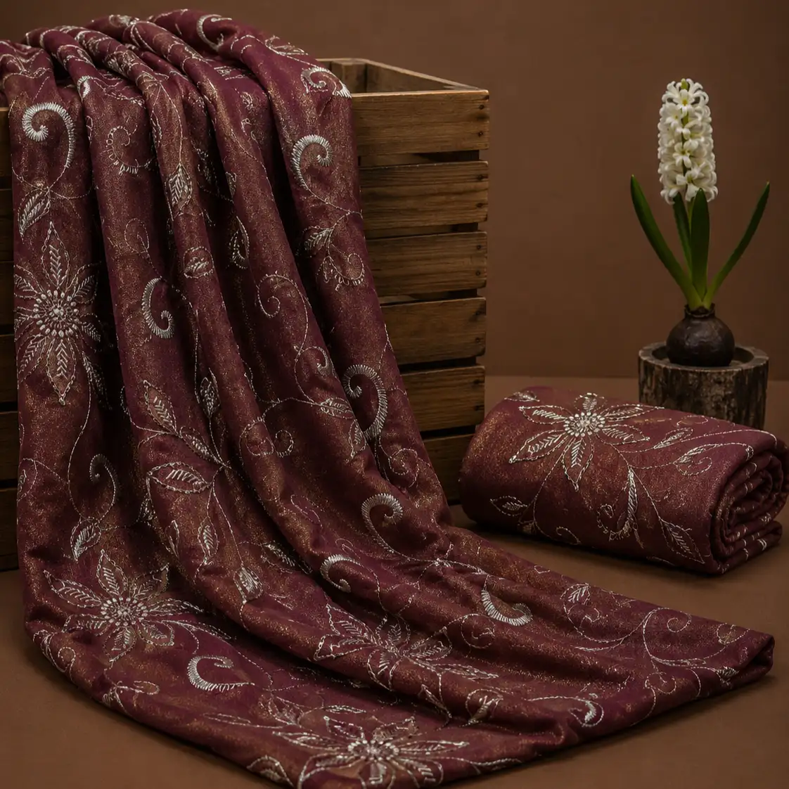 Zari Embroidery Shimmer Fabric - Wine Red 1 Zari Embroidery Shimmer Fabric -Wine Red - Image 1