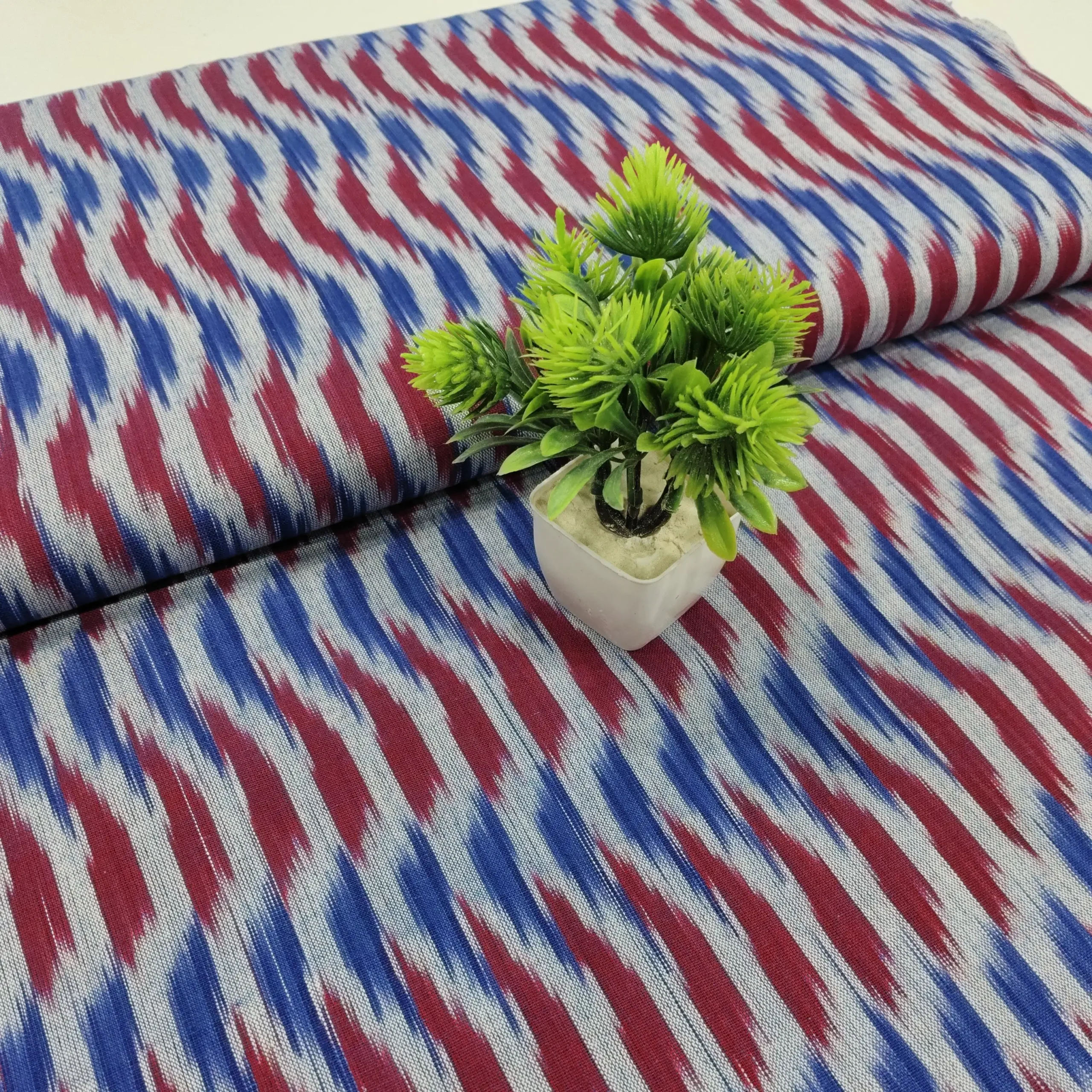 Ikat Weave Cotton - Red with Blue 1 Ikat Weave Cotton Fabric - Multicolor - Image 1