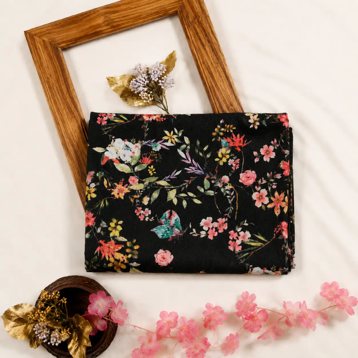 Semi Raw Silk With Digital Print - Black 1 (1) Semi Raw Silk with Digital Print Fabric – Black - Image 1
