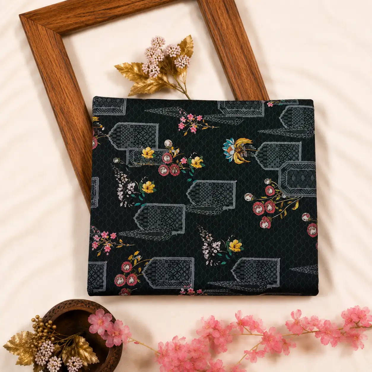 Semi Raw Silk With Digital Print - Black 2 (1) Semi Raw Silk with Digital Print – Black - Image 1