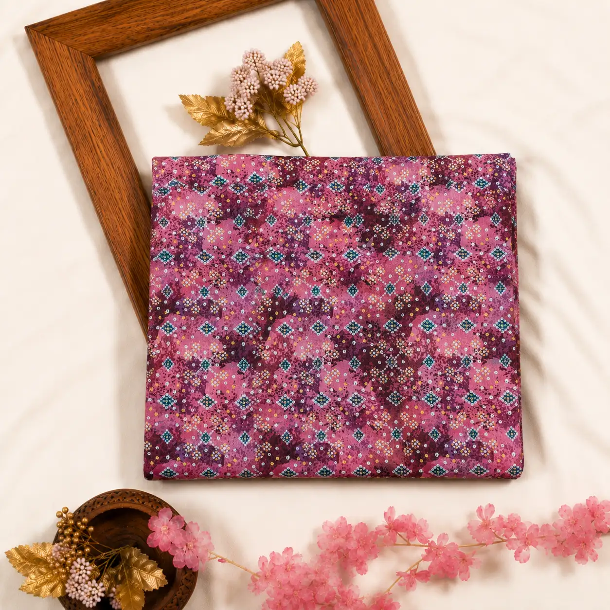 Semi Raw Silk With Digital Print - China Rose 1 Semi Raw Silk with Digital Print – China Rose - Image 1